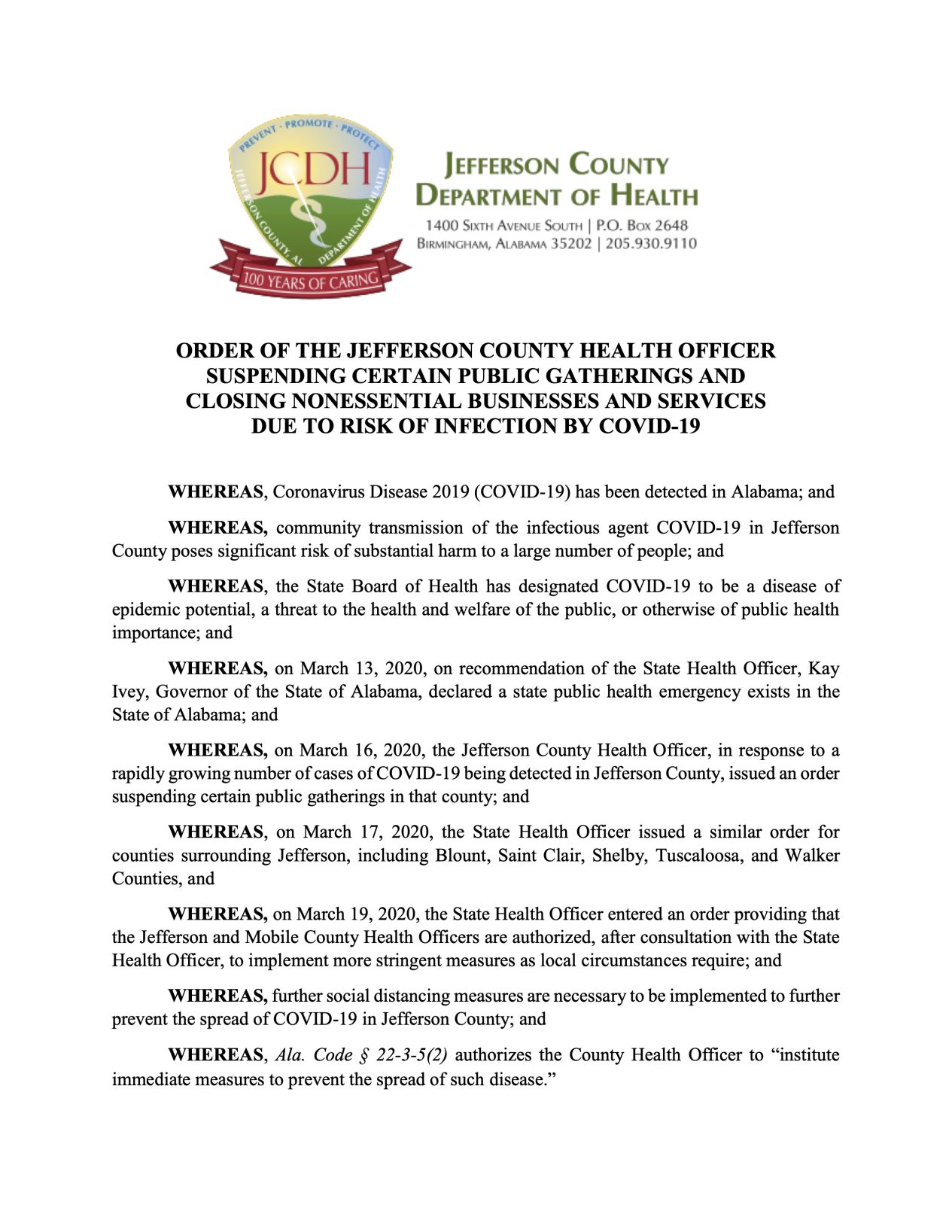 Order By Jefferson County Health Officer Suspending Certain Public Gatherings and Closing Nonessential Businesses and Services Due To Risk Of Infection by COVID-19 Page 1.jpg
